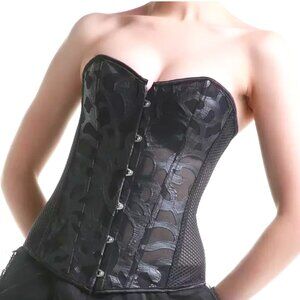 Mesh Corset Top With Leather Look Floral Applique, Black L NEW